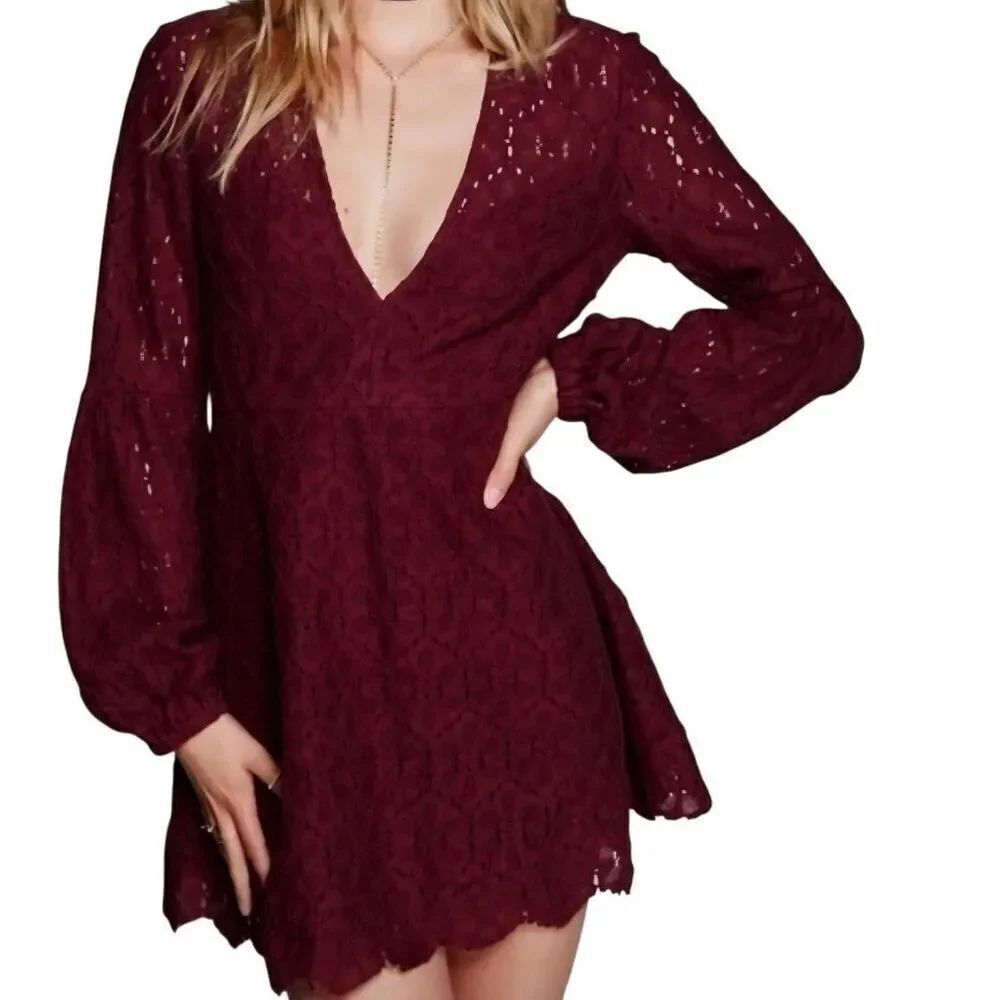 Free People Dress Women's 2 Burgundy Lace Balloon Sleeve Mini Sheer Bohemian